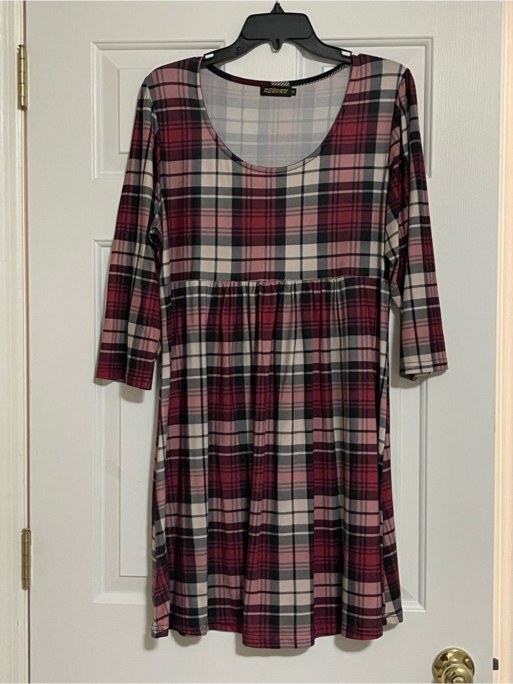 Reborn Burgundy, Cream & Black Plaid Scoop-Neck Dress